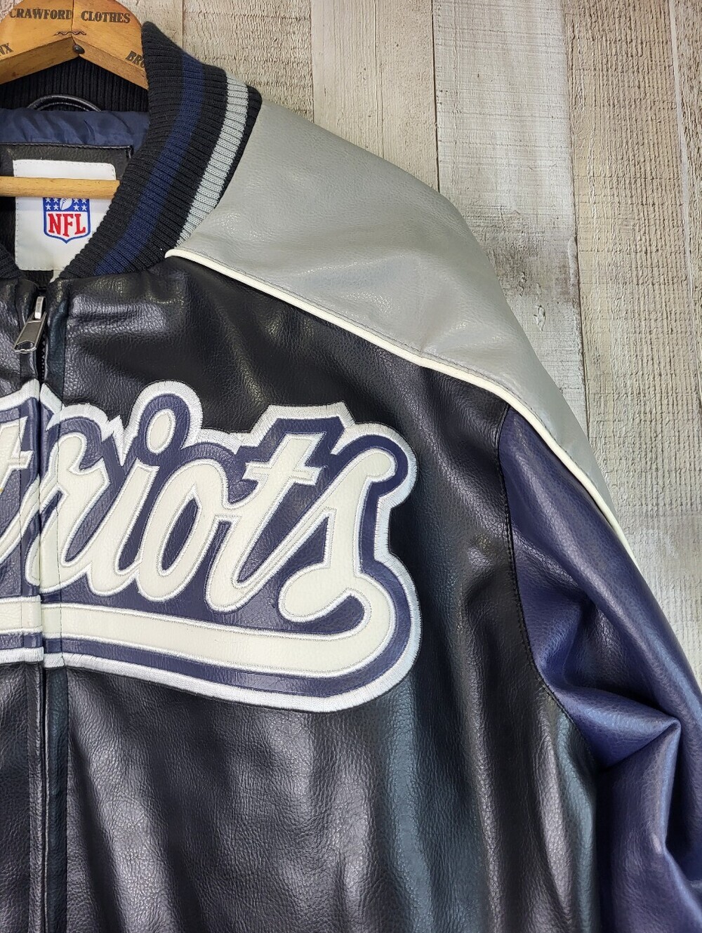 NFL Patriots Navy and Gray Leather Jacket. Faux Leather. Mens Large - Picture 5 of 16